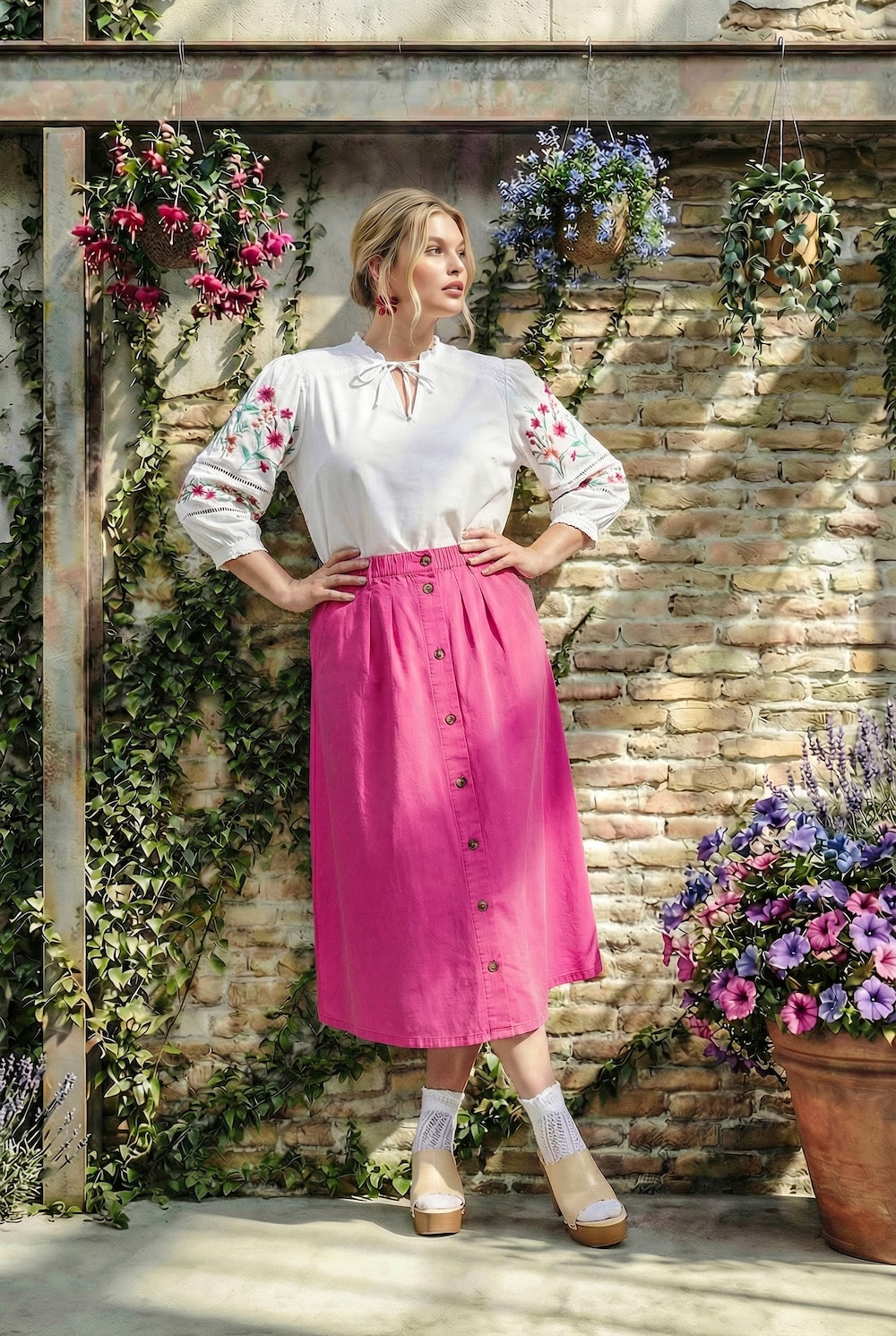 Stora storlekar Blus med blombroderi, Dam, vit, storlek: 50/52, Bomull, Ulla Popken