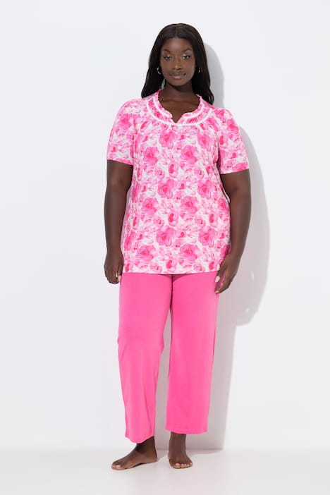 Pyjama, rozen, kant, ronde hals, korte mouwen