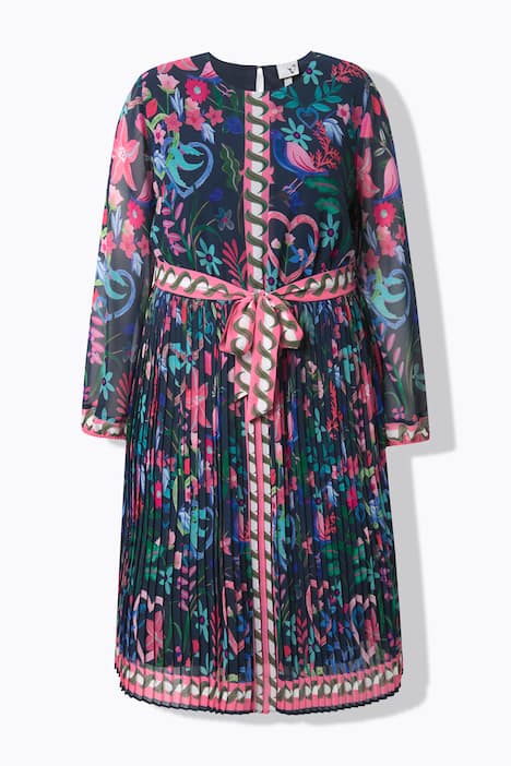 Midi-jurk, geplooid rok, A-lijn, ronde hals, lange mouwen