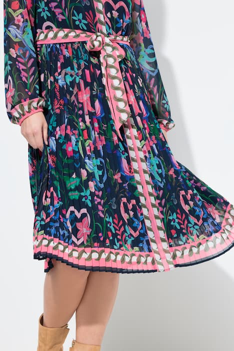 Midi-jurk, geplooid rok, A-lijn, ronde hals, lange mouwen