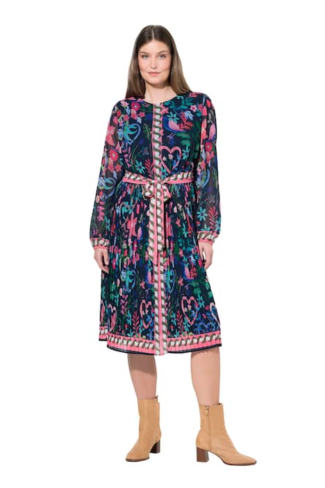 Midi šaty, plisovaná sukně, A střih, kulatý výstřih, dlouhé rukávy