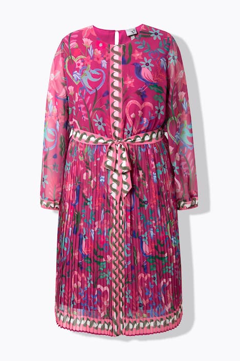 Midi-jurk, geplooid rok, A-lijn, ronde hals, lange mouwen