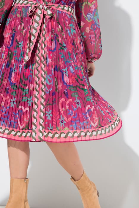 Midi-jurk, geplooid rok, A-lijn, ronde hals, lange mouwen