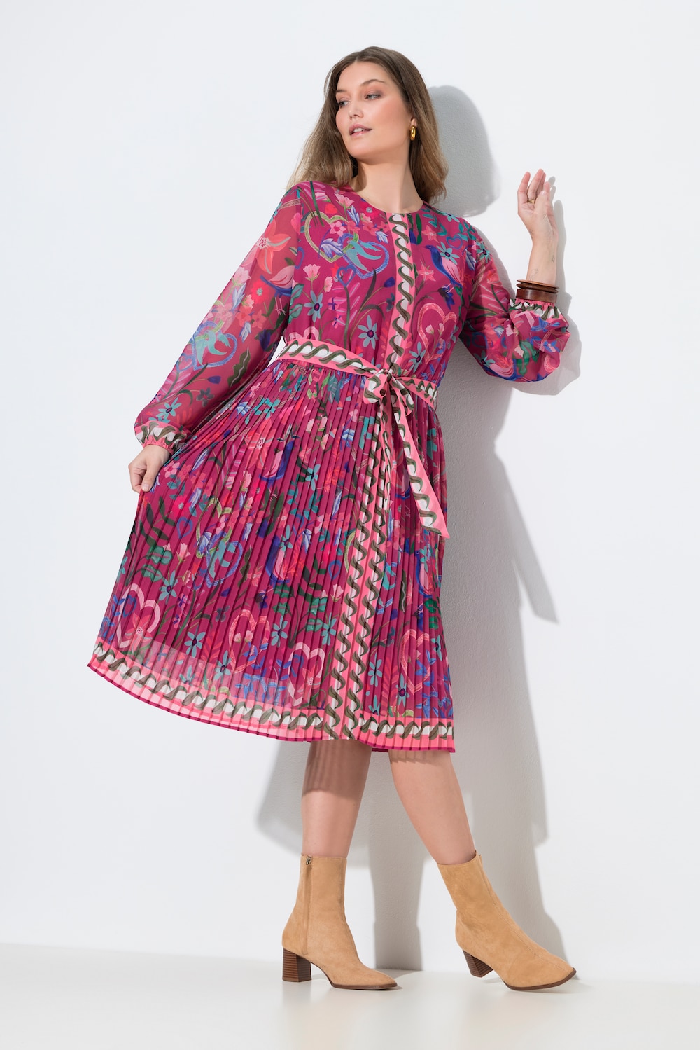 Midi-jurk, geplooid rok, A-lijn, ronde hals, lange mouwen