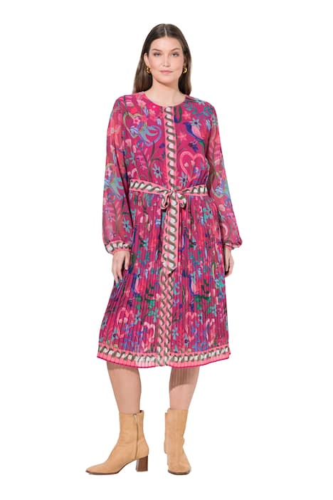 Midi šaty, plisovaná sukně, A střih, kulatý výstřih, dlouhé rukávy