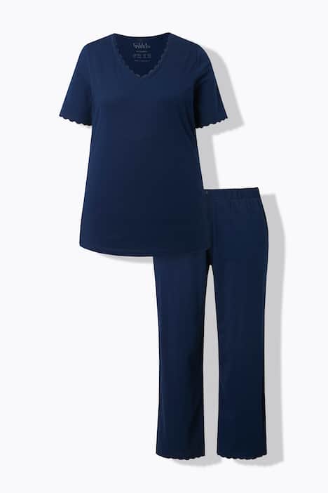 Pyjamas, blonder, V-udskæring, korte ærmer, økologisk bomuld