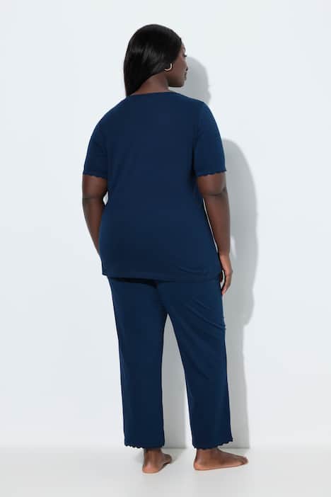 Pyjamas, blonder, V-udskæring, korte ærmer, økologisk bomuld