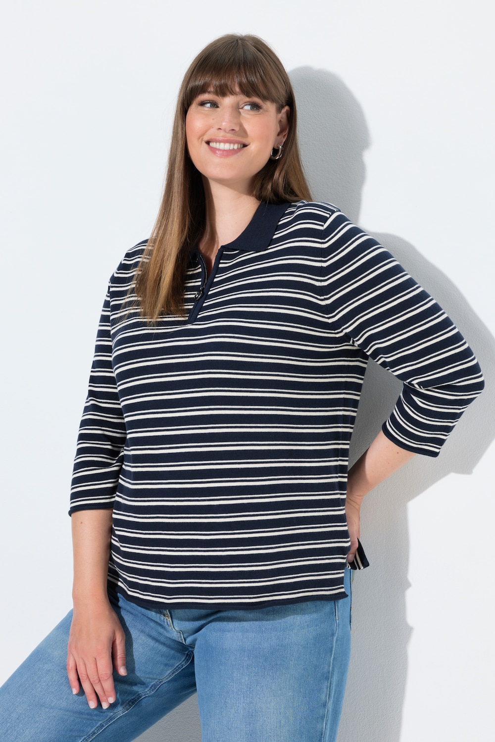 Polo-Pullover, Ringel, 3/4-Arm, Biobaumwolle