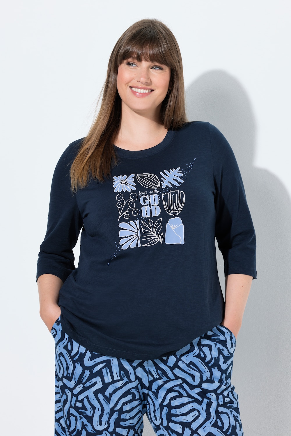 Shirt, Blätter, Rundhals, 3/4-Arm, Biobaumwolle