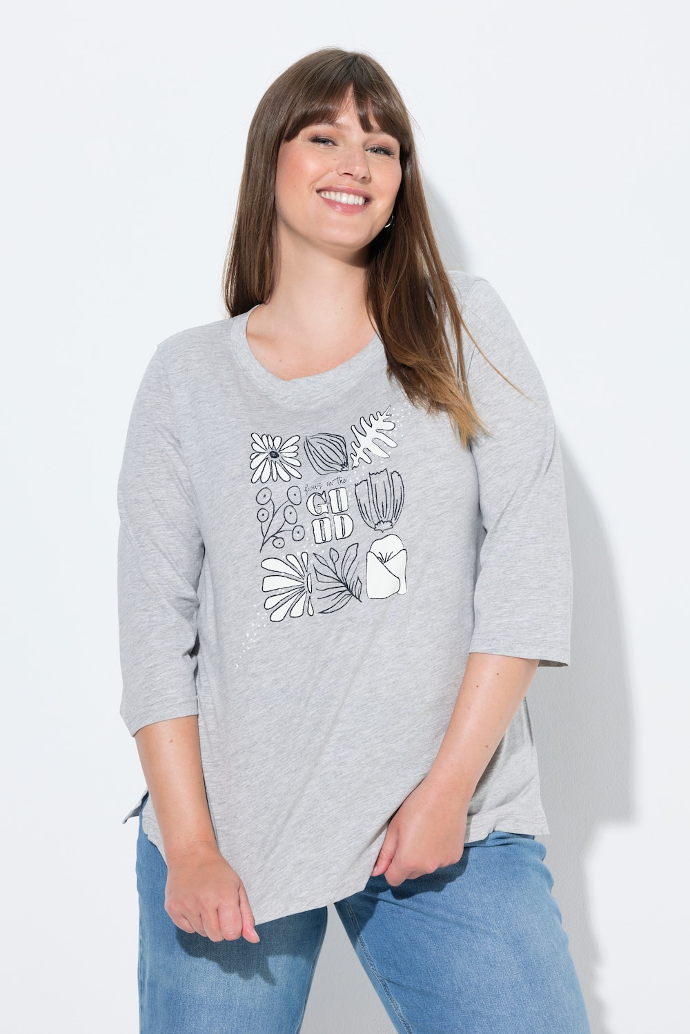 Shirt, Blätter, Rundhals, 3/4-Arm, Biobaumwolle