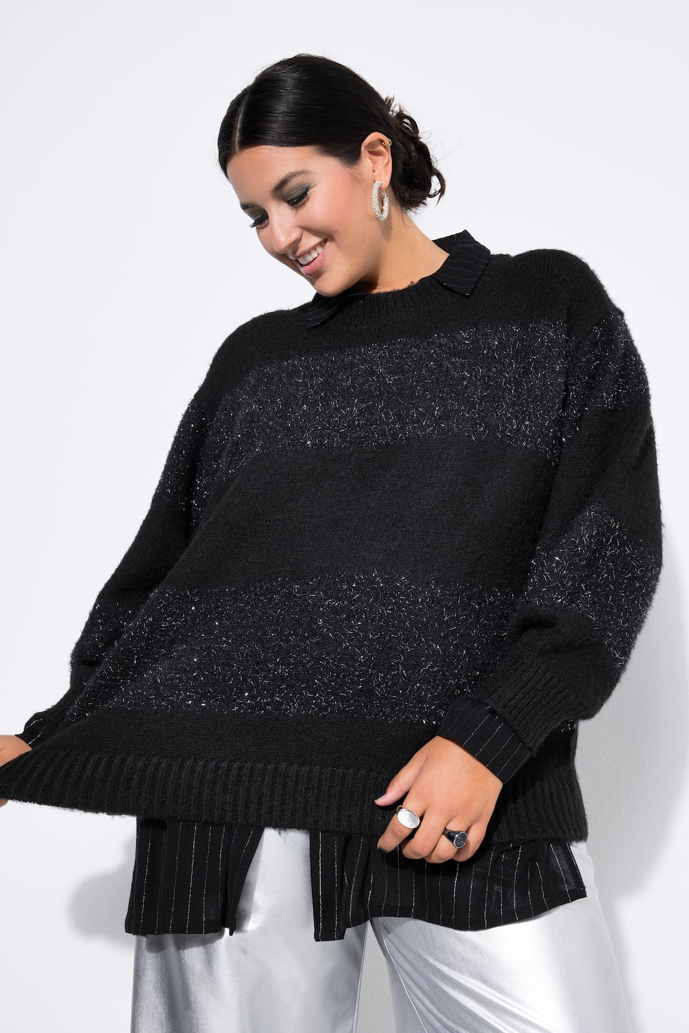 Pullover, oversized, vamset strik, glitter-striber