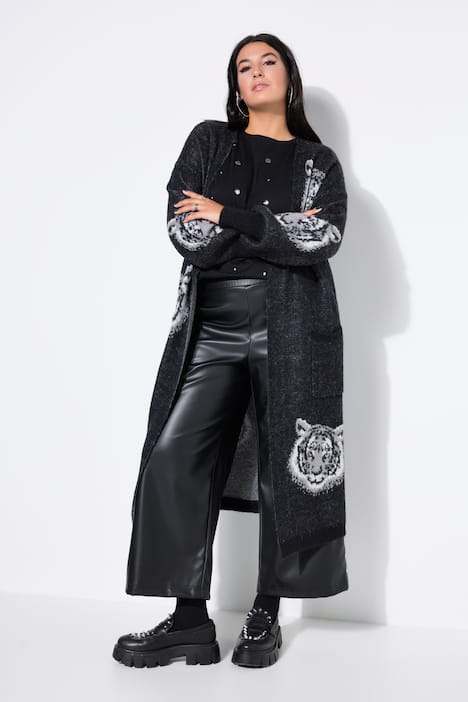 Long-Strickjacke, lang und offen, Tigerkopf