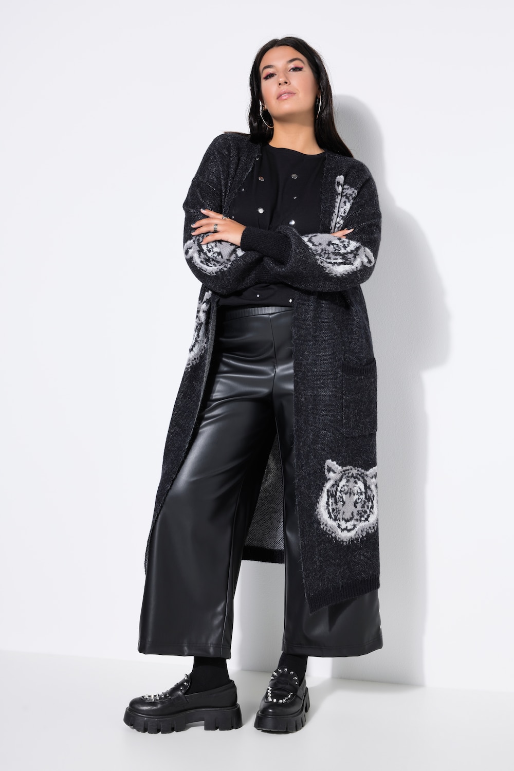 Große Größen Long-Strickjacke, Damen, schwarz, Größe: 58/60, Synthetische Fasern/Wolle/Polyester, Studio Untold