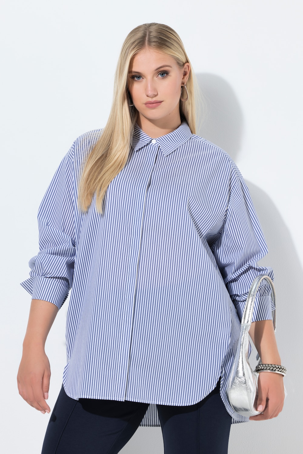 Bluse, Streifen, Oversized, Hemdkragen, Langarm