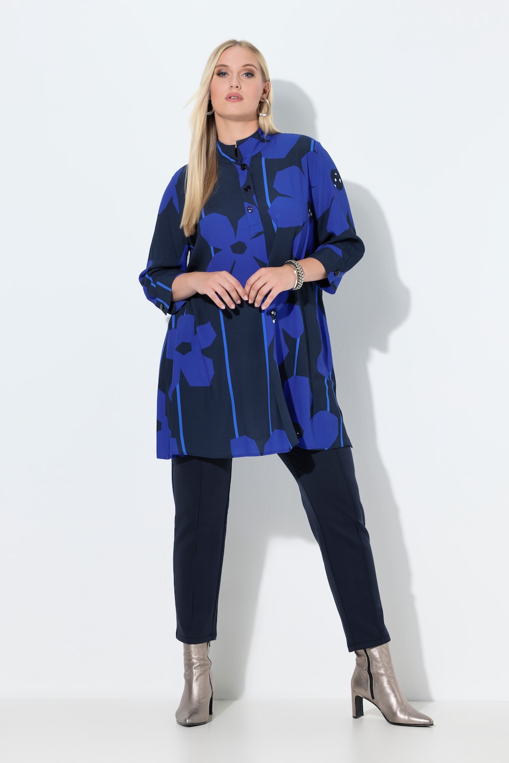 Tunika, Blüten, A-Linie, Stehkragen, 3/4-Arm