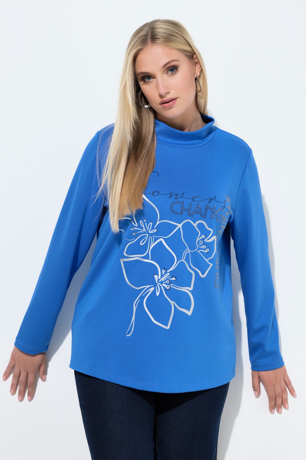 Sweatshirt, Blüten, Ziersteine, Stehkragen, Langarm