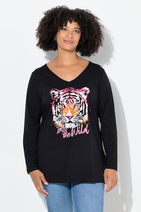 Langarmshirt, Glitzersteinchen auf dem Tigermotiv