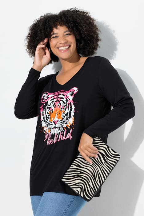 Langarmshirt, Glitzersteinchen auf dem Tigermotiv