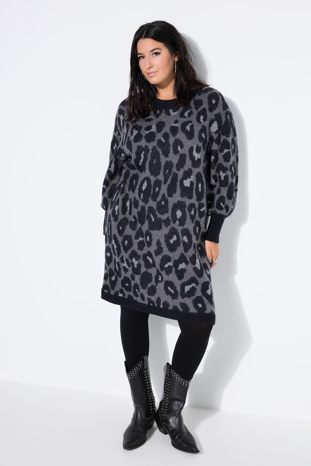 Strickkleid, oversized, Leo-Muster, Ballonärmel