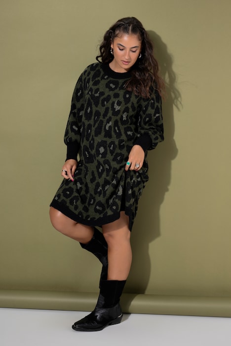 Strikkjole, oversized, leopardmønster, ballonærmer