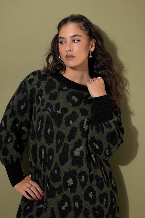 Strikkjole, oversized, leopardmønster, ballonærmer