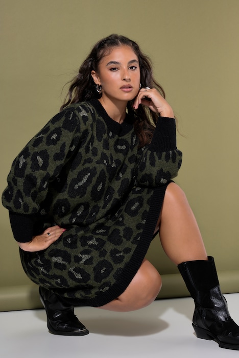 Strikkjole, oversized, leopardmønster, ballonærmer