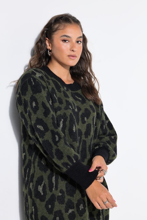 Strikkjole, oversized, leopardmønster, ballonærmer