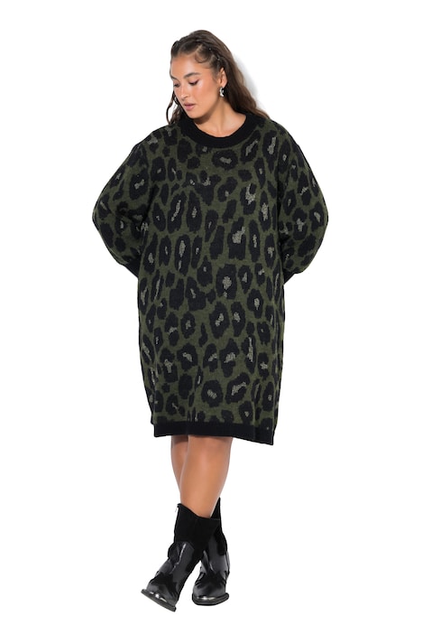 Úpletové šaty, oversize, leopardí vzor, balónové rukávy