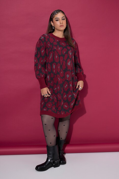 Úpletové šaty, oversize, leopardí vzor, balónové rukávy
