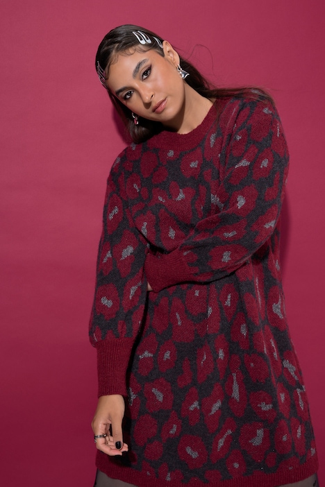 Úpletové šaty, oversize, leopardí vzor, balónové rukávy