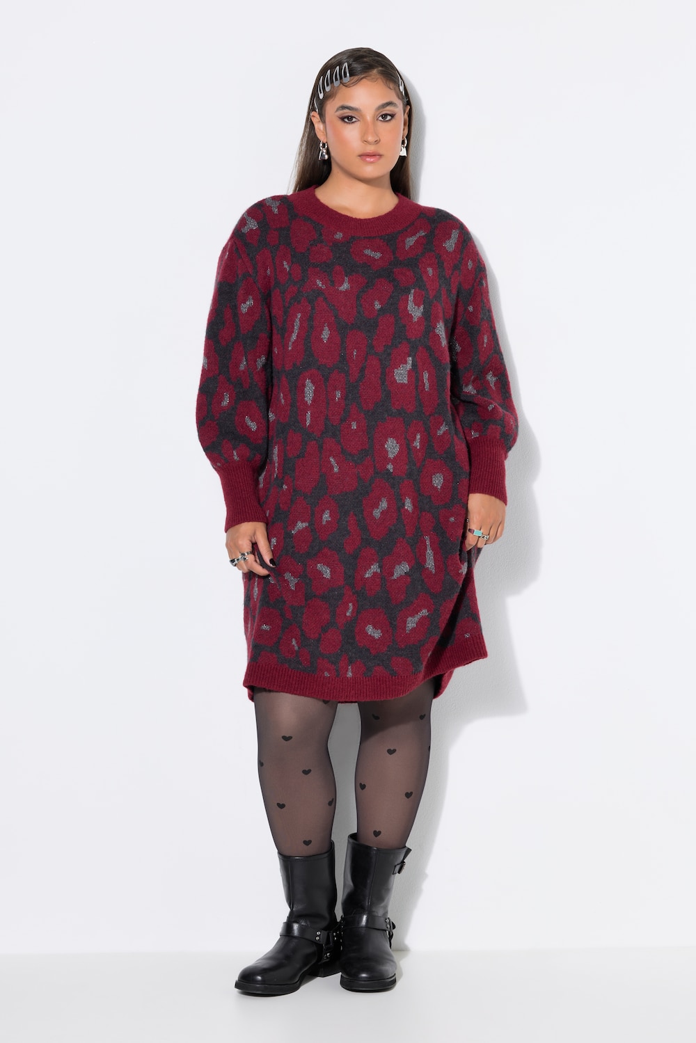 Strikkjole, oversized, leopardmønster, ballonærmer