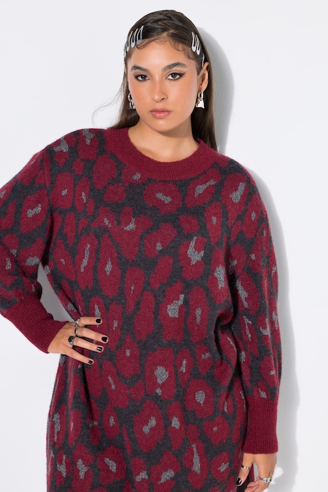 Úpletové šaty, oversize, leopardí vzor, balónové rukávy