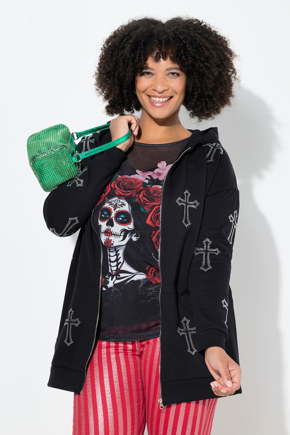 Sweatjacke, Oversize Fit, Glitterkors, hætte