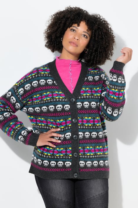 Strickjacke, oversized, Totenköpfe, Ballon-Langarm