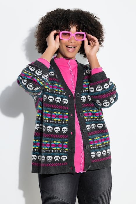 Strickjacke, oversized, Totenköpfe, Ballon-Langarm