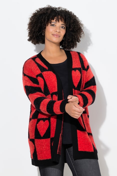 Strickjacke, Straight Fit, Herz-Muster, geringelter Langarm