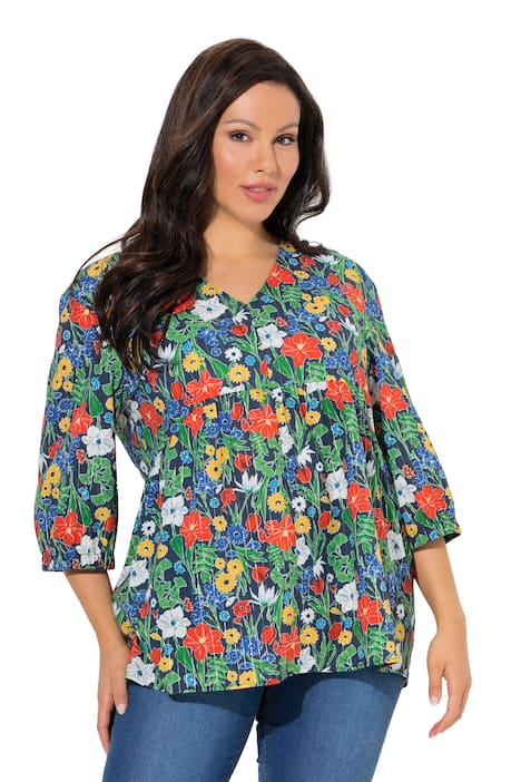 Halenka, třpytivá, květy, A střih, výstřih do V, 3/4 rukávy