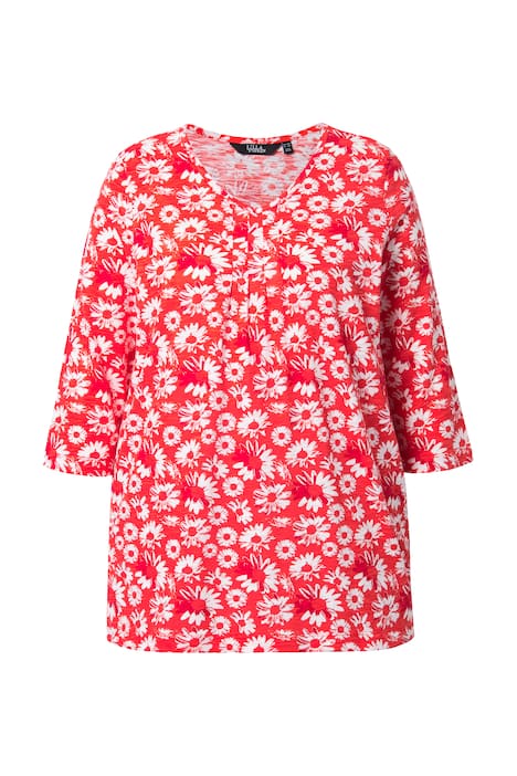 Tričko, květy, A střih, ozdobné sklady, výstřih do V, 3/4 rukávy