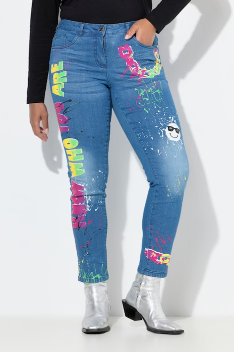 Jean Skinny, coupe Slim Fit, aspect usé et imprimés fluo