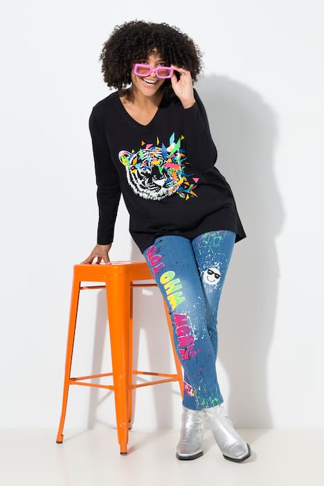 Jean Skinny, coupe Slim Fit, aspect usé et imprimés fluo