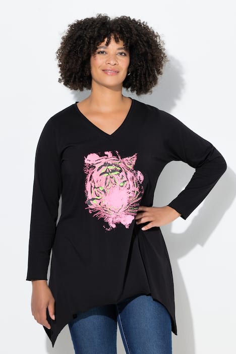 Langarmshirt, A-Linie, Neon Tigermotiv, Zipfelsaum