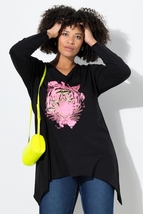 Langarmshirt, A-Linie, Neon Tigermotiv, Zipfelsaum