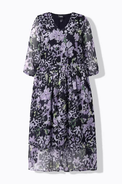 Chiffon-Midikleid, Blüten, A-Linie, V-Ausschnitt, 3/4-Arm