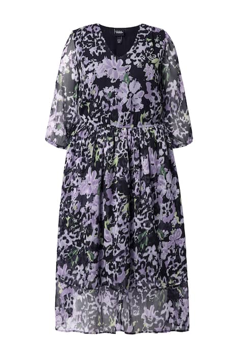 Šifonové midi šaty, A střih, květy, výstřih do V, 3/4 rukávy