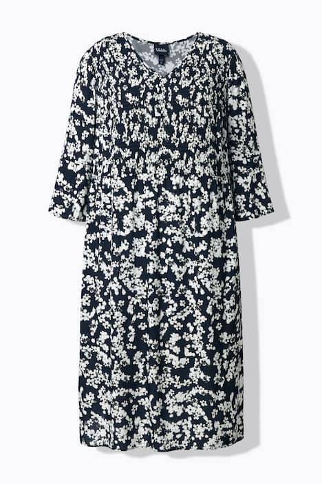 Midikleid, Blüten, A-Linie, V-Ausschnitt, 3/4-Arm