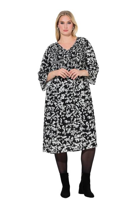 Midi šaty, květy, A střih, výstřih do V, 3/4 rukávy