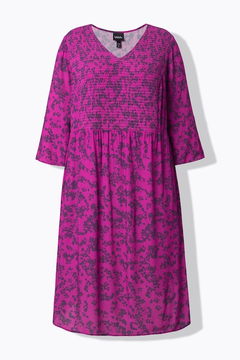 Midikleid, Blüten, A-Linie, V-Ausschnitt, 3/4-Arm