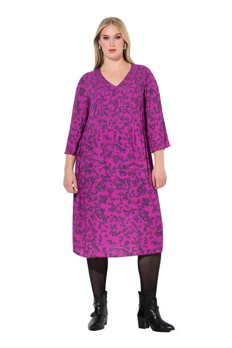 Midi šaty, květy, A střih, výstřih do V, 3/4 rukávy