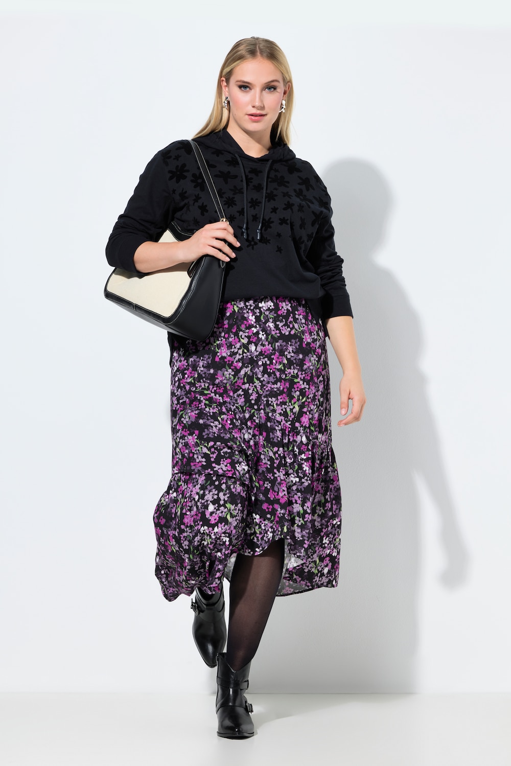 Maxi-rok, bloemen, A-lijn, elastische tailleband, asymmetrisch