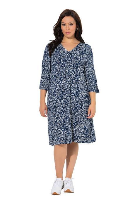 Žerzejové šaty, řasení, A střih, výstřih do V, 3/4 rukávy